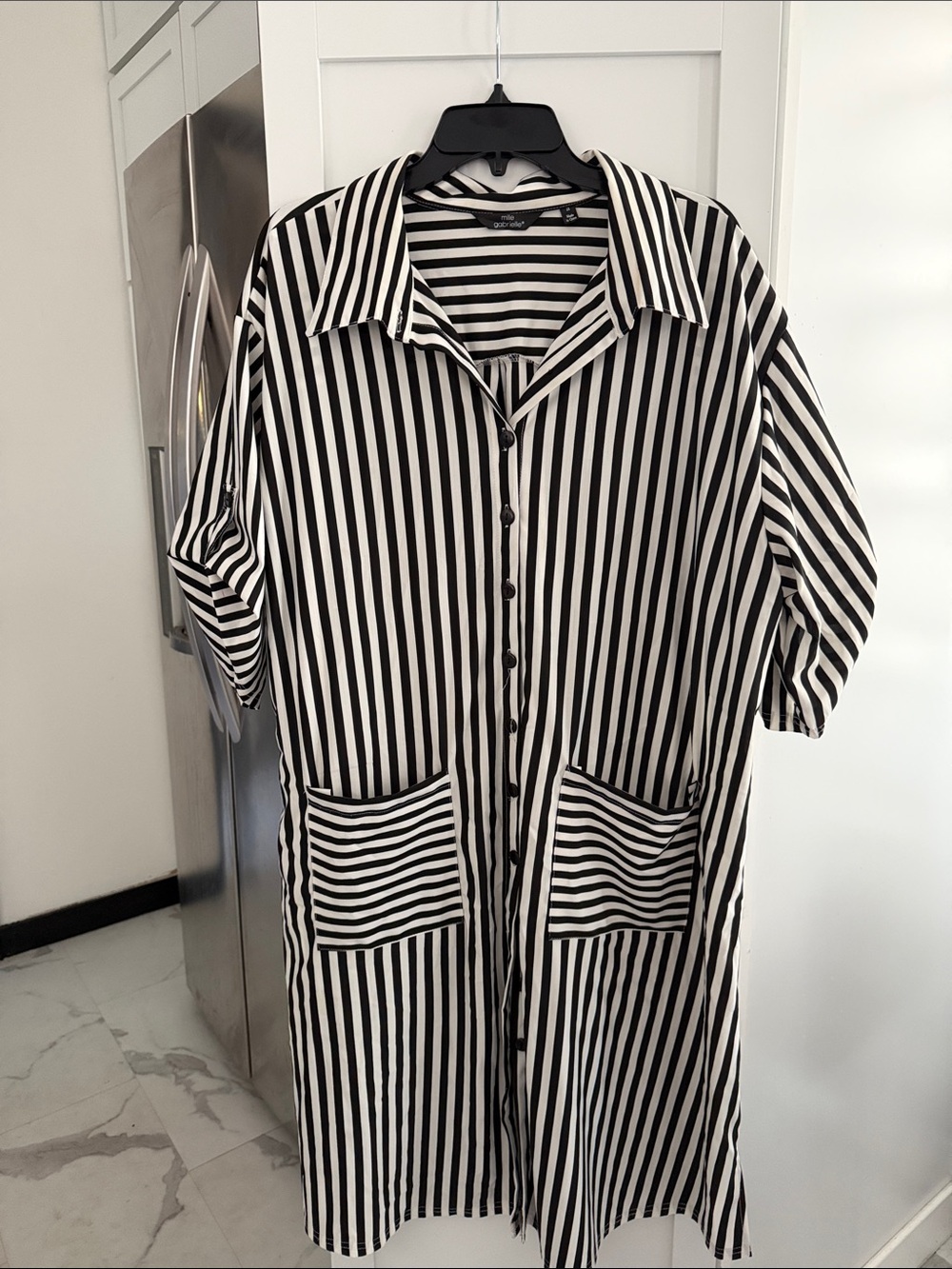 Black & White Vertical Stripe Button-Down Shirt Dress